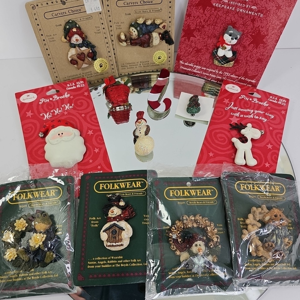 Christmas Brooch Pin Collection Set Of 13 Brooches Folkwear Hallmakmark Etc